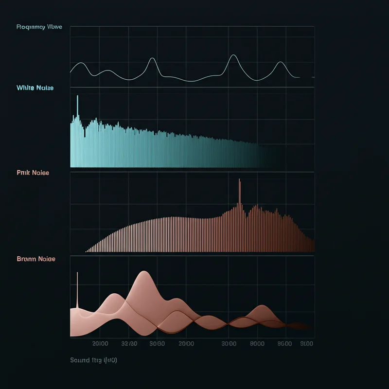 Comparison diagram showing frequency spectrums of white noise, pink noise, and brown noise