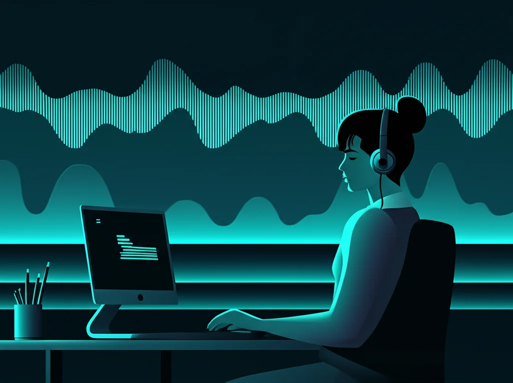 Professional using background noise therapy for tinnitus relief while working at desk