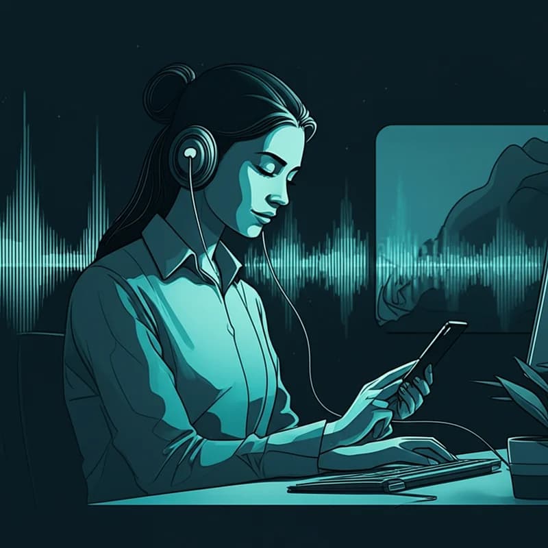 Professional working at desk with tinnitus relief app providing background sound therapy