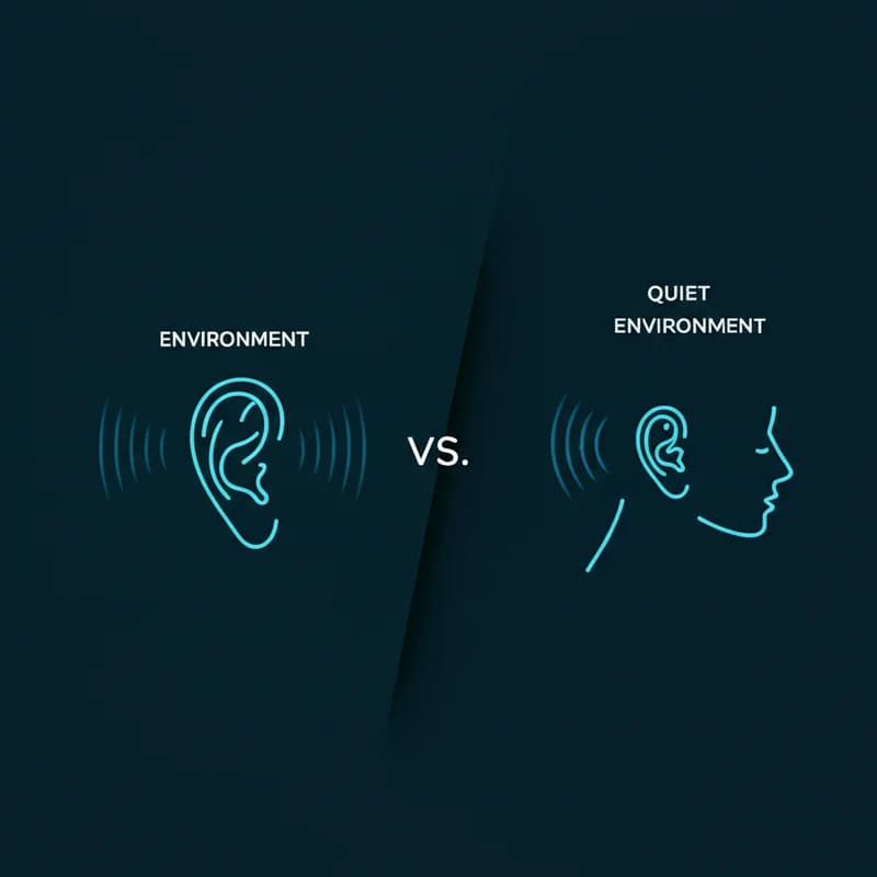 Diagram showing why tinnitus seems louder at night with quiet environment vs daytime noise